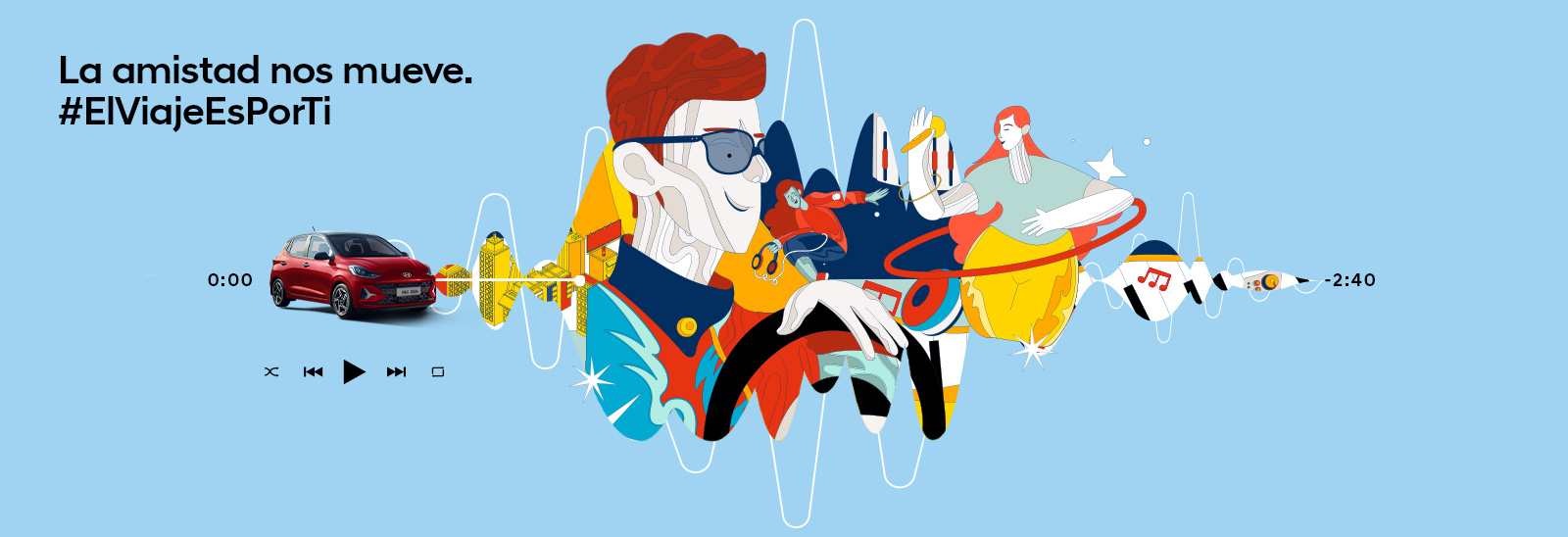 Ilustración de joven en una ciudad cosmopolita junto a auto Hyundai