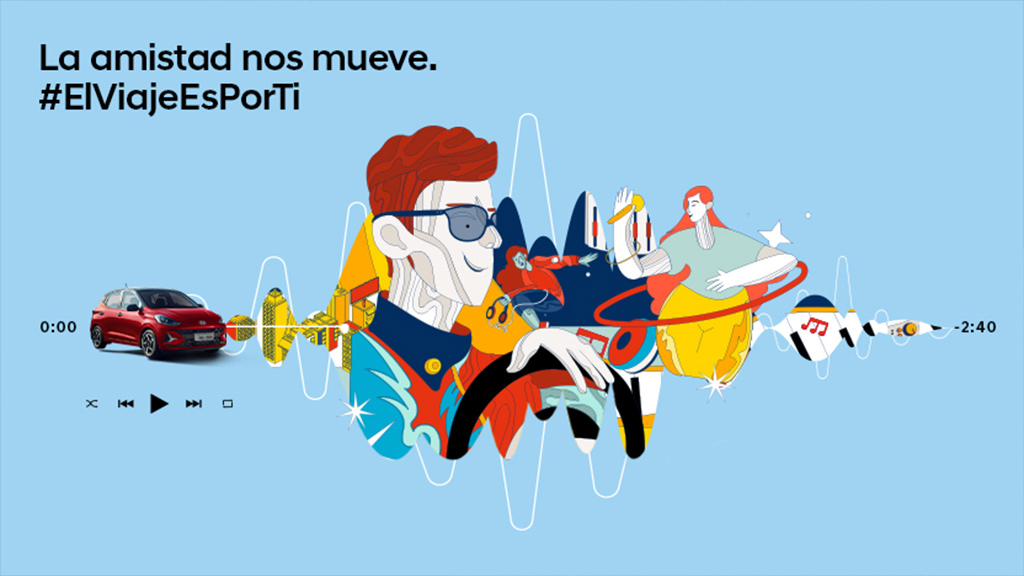 Ilustración de jóvenes escuchando música y disfruntando junto a su grand i10 Hyundai