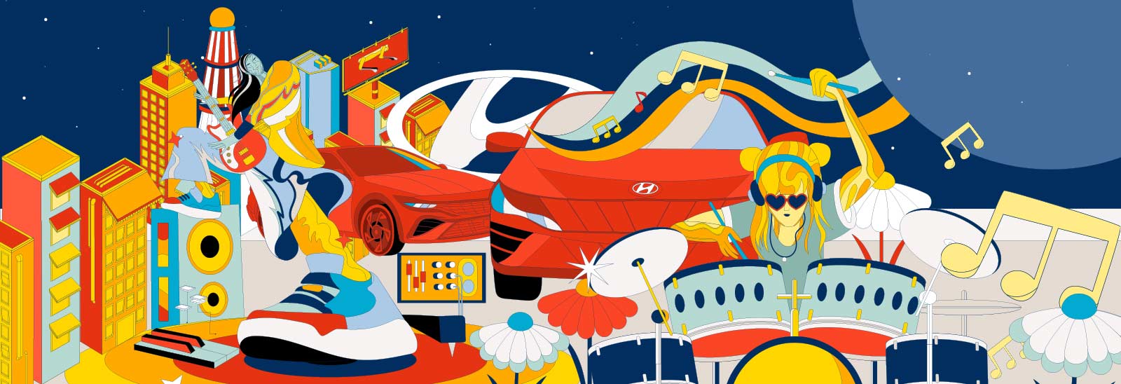 Ilustración de chica tocando la batería y de fondo una ciudad con sonidos y muchos colores