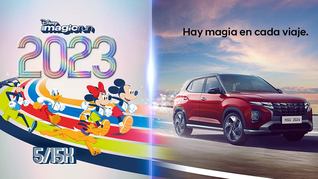 ilustración de dibujos animados de disney  junto a Creta de Hyundai con logo de Disney Magic Run 2023