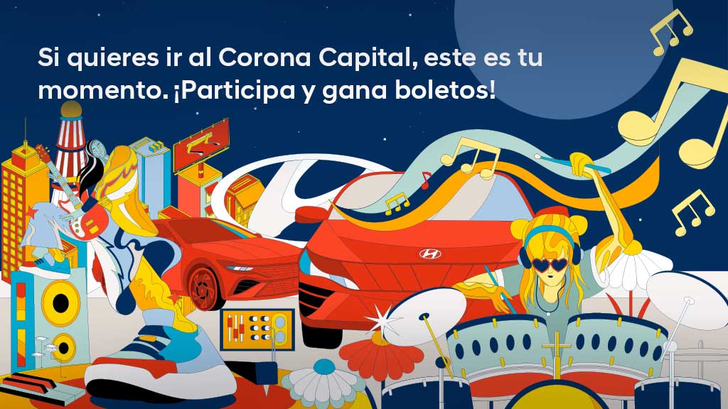 Ilustración de joven tocando la batería, de fondo la ciudad y logo de hyundai
