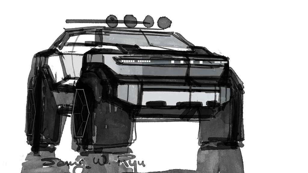 Vista frontal de Hyundai Crater Concept en color Dune Gold Matte con dise&ntilde;o Art of Steel